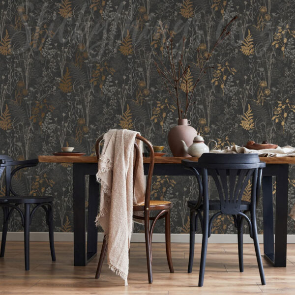 Black And Copper Floral Wallpaper on a wall