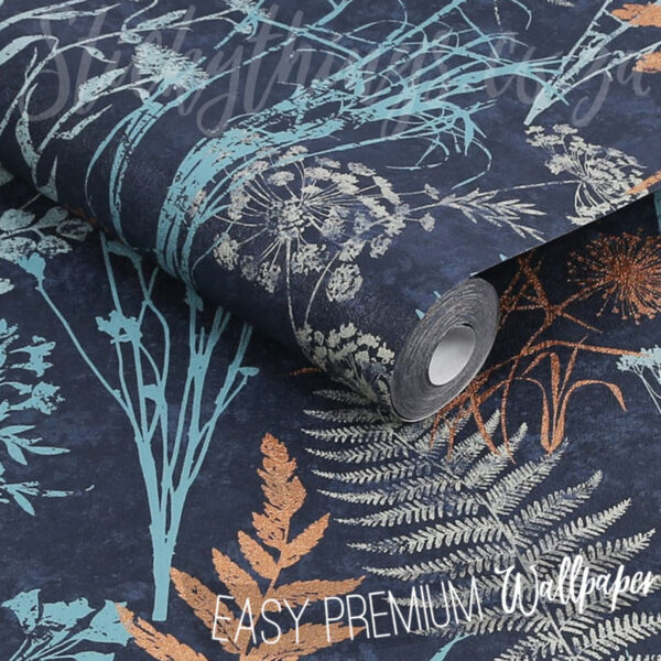 Roll of Botanical Blue And Copper Wallpaper