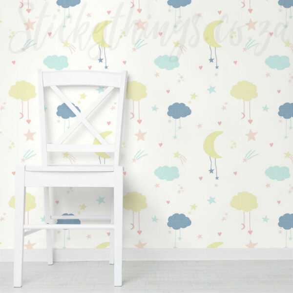 Clouds Moons and Stars Wallpaper on a wall