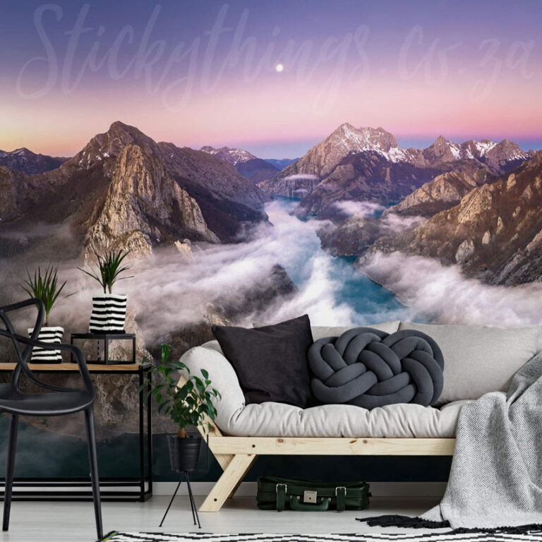 Cloudy Mountains Wall Mural Art on a wall