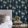 Navy Wisteria Floral Wallpaper on wall