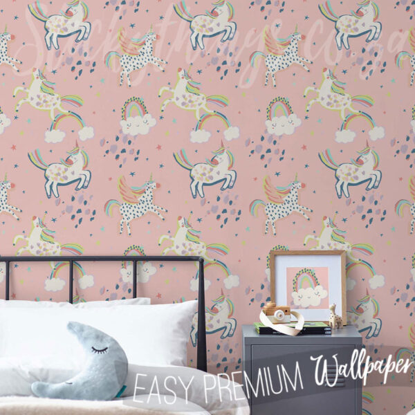 Pastel Pink Unicorns and Rainbows Wallpaper on a wall