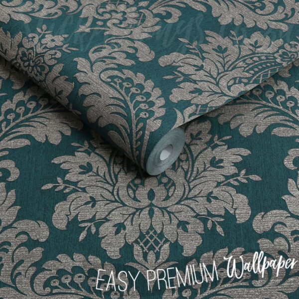 Roll of Teal And Gold Damask Wallpaper