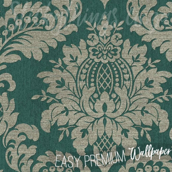 A close up of Archive Damask Teal & Gold Wallpaper