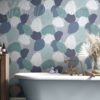 Blues and Aqua Tones Wallpaper on a bathroom wall
