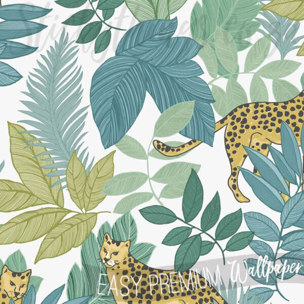 A close up of Handdrawn Green and Blue Leaves Wallpaper