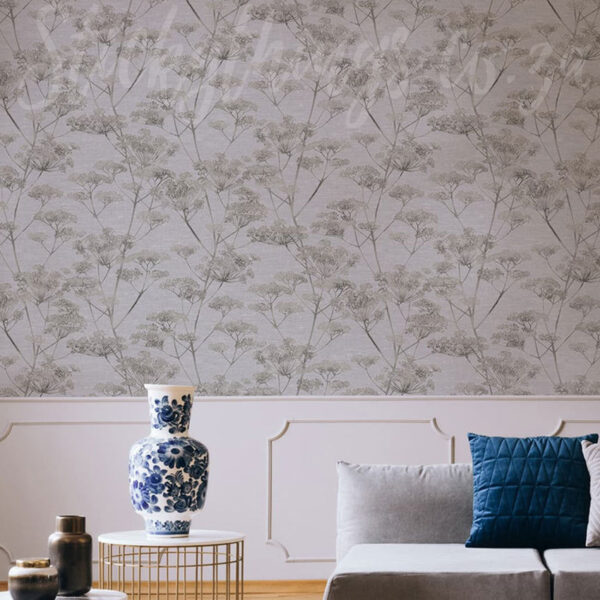 Seedhead Grey and Gold Wallpaper on a wall
