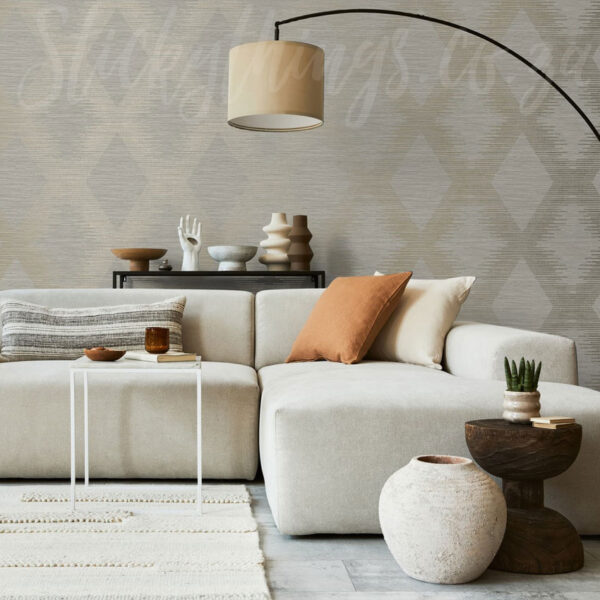 Serenity Geo Grey And Gold Wallpaper on a wall