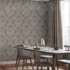 Taupe And Gold Damask Wallpaper on a dining room wall