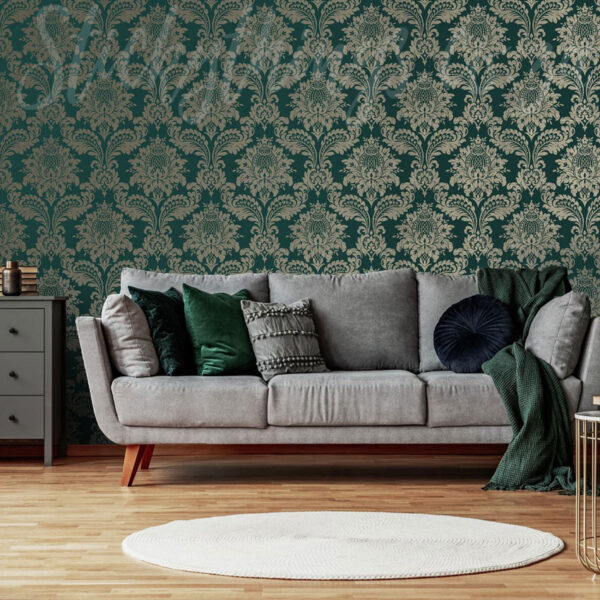 Teal And Gold Damask Wallpaper on a living room wall