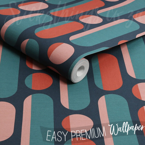 A roll of Coral and Navy Geo Wallpaper