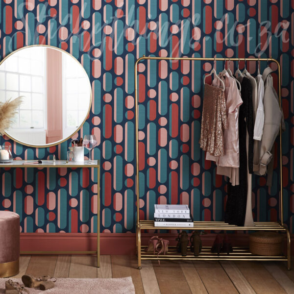 Morse Coral & Navy Wallpaper on a wall