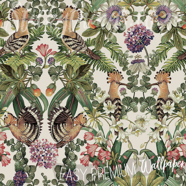 A close up of Tropical Birds Botanical Wallpaper