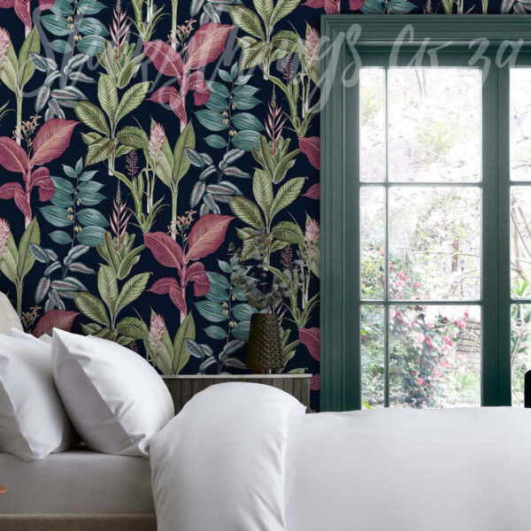 Fantasy Rainforest Leaves Navy Wallpaper on a wall