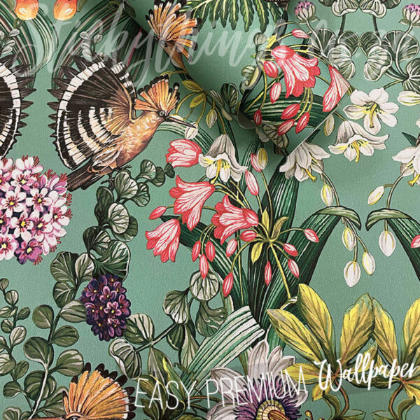 A close up of Tropical Birds Floral Wallpaper