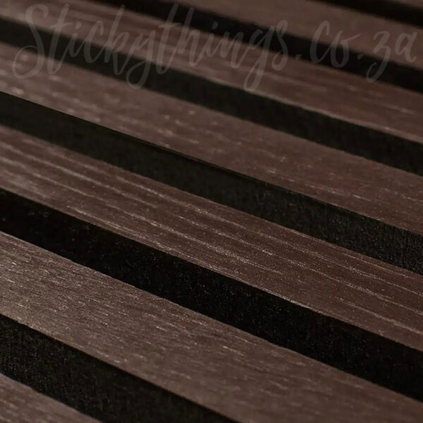 Brown realistic looking veneer in the Wood Slats of the Dark Walnut Acoustic Slat Wall Panel.