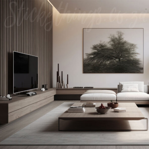 Lounge with Driftwood Grey Acoustic 3D Wood Panel behind a TV