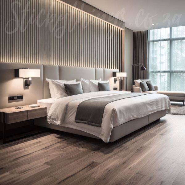 Bedroom with the Light Birch Acoustic Slat Panel above a bed with LED lights